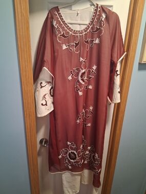 Maroon Embroidered  Kaftan Dress with White Accents